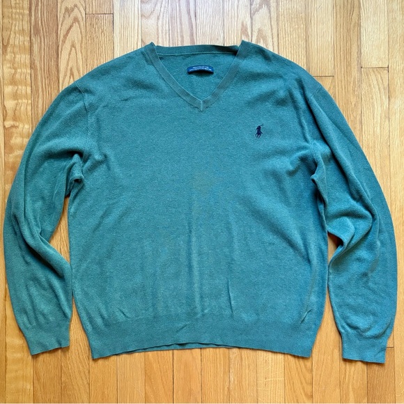 Polo Ralph Lauren Men’s V-Neck Pullover Sweater 100% Pima Cotton Large Green - Picture 1 of 3